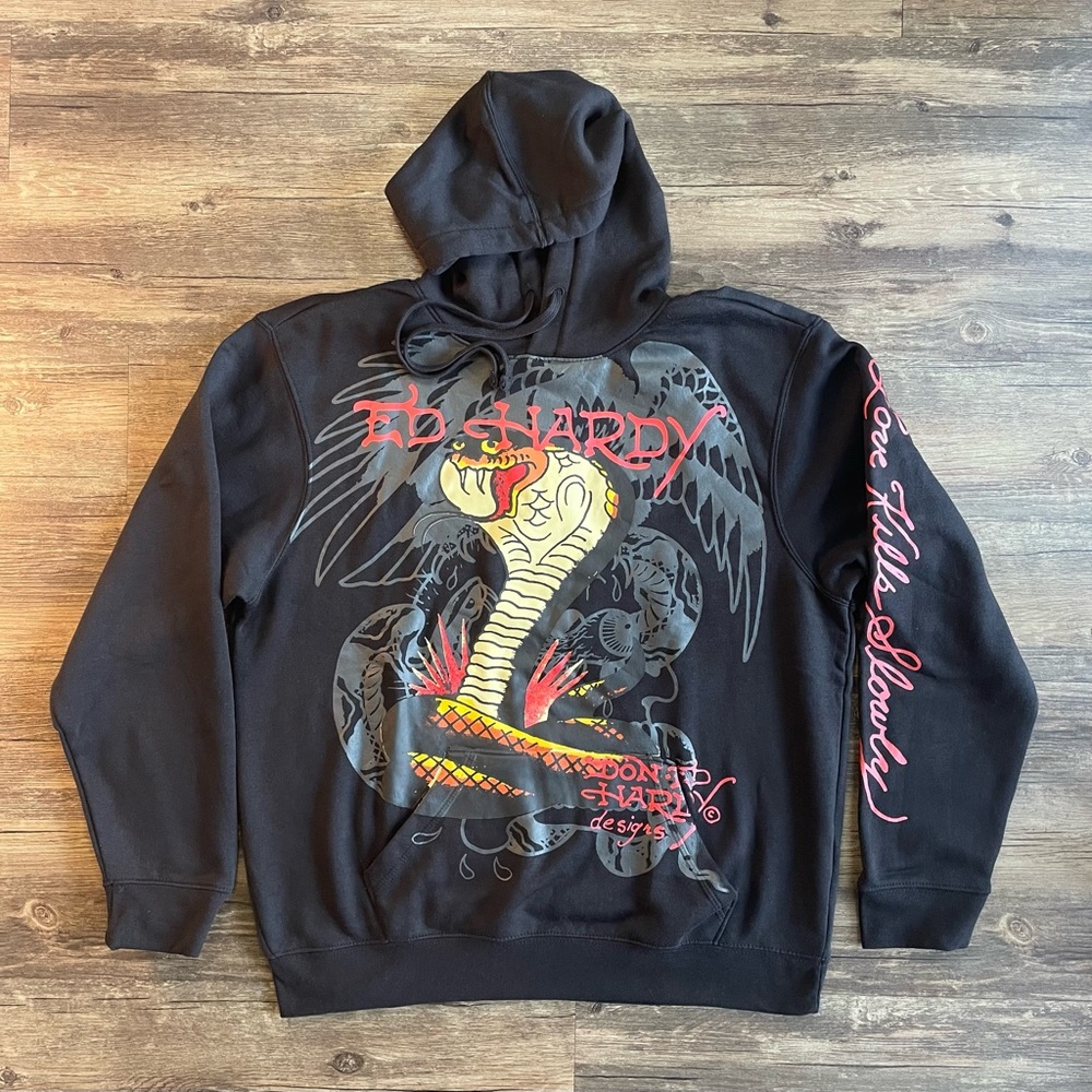 Ed Hardy Black Hoodie King Cobra Snake Eagle Mens Size Large "Love Kills Slowly"